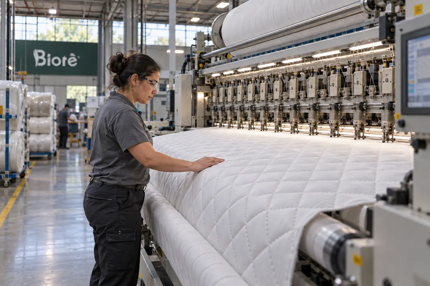 Ilustrim: makineria e quilting-ut qep pëlhurën e sipërme të dyshekut